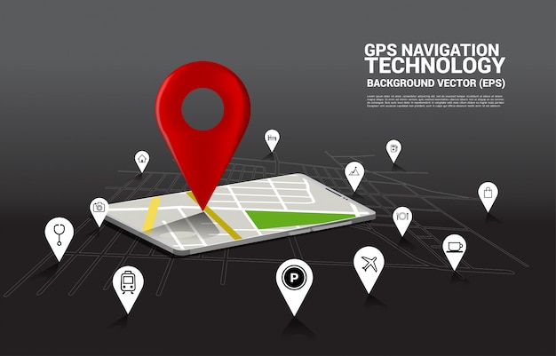 3D GPS-маркер и карта в приложении для мобильного телефона. понятие местоположения и места установки, технология GPS