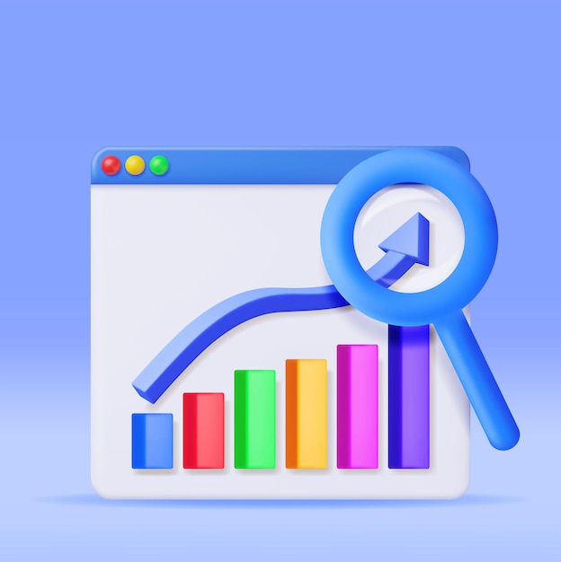 3d graph diagram in window with magnifying glass