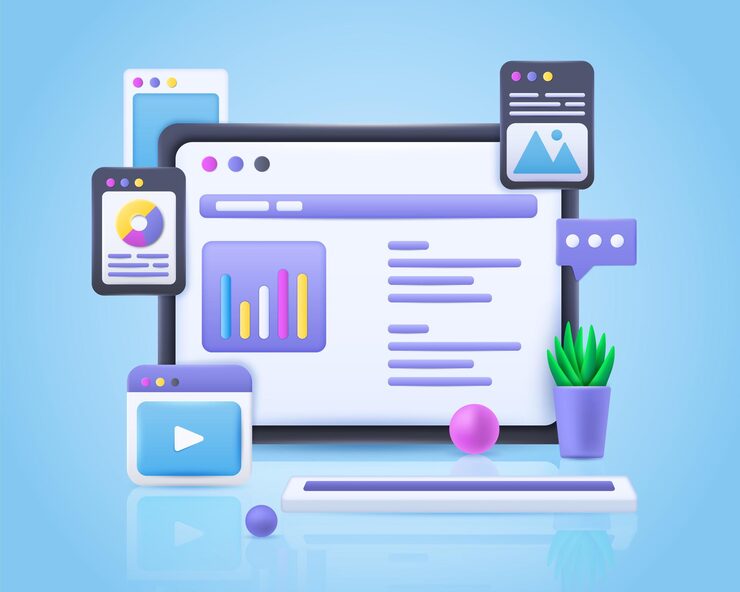 Vector 3d 그래픽 ux ui 디자인 인터넷 웹 사이트 컴퓨터 개발자를위한 웹 스크린 소프트웨어 인터페이스 디지털 응용 프로그램 렌더링 프로그래밍 개발 터 모바일 개념