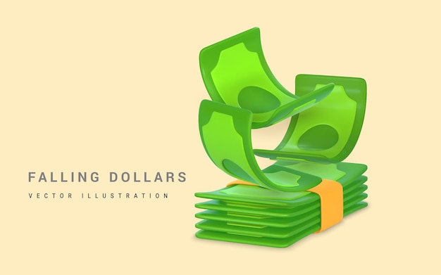 3d green stack of money in cartoon style falling twisted money business and finance object for banner design vector illustration
