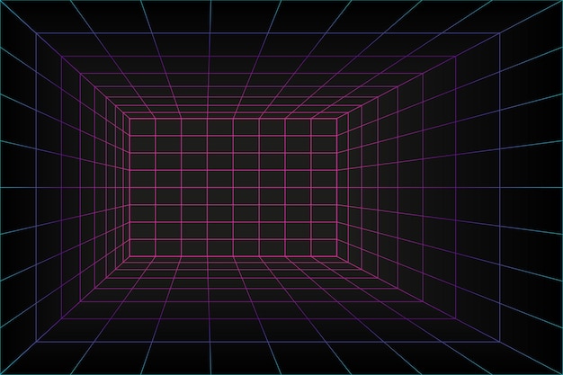 Sala laser prospettica griglia 3d in stile tecnologico. tunnel di realtà virtuale o wormhole. sfondo astratto vaporwave