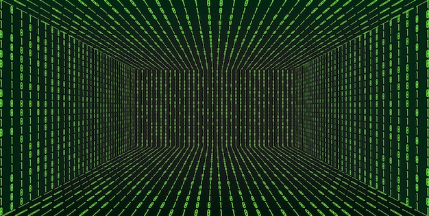 3d grid perspective room in matrix technology style. virtual reality tunnel or wormhole. abstract  binary computer code background