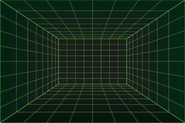 Stanza di prospettiva della griglia 3d nello stile di tecnologia della matrice. tunnel di realtà virtuale o wormhole. sfondo astratto codice binario computer