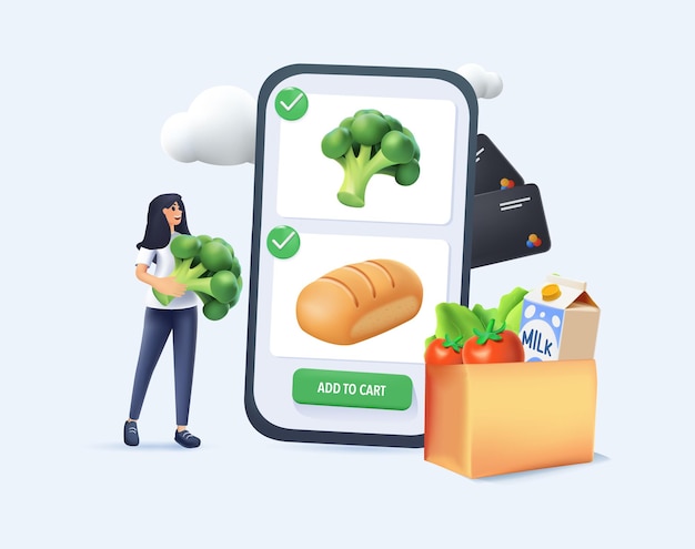 3D Grocery vegetables illustration Character buying online fresh organic vegetables