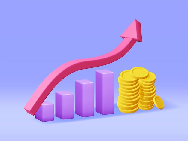 Vector 3d growth stock chart arrow with golden coins