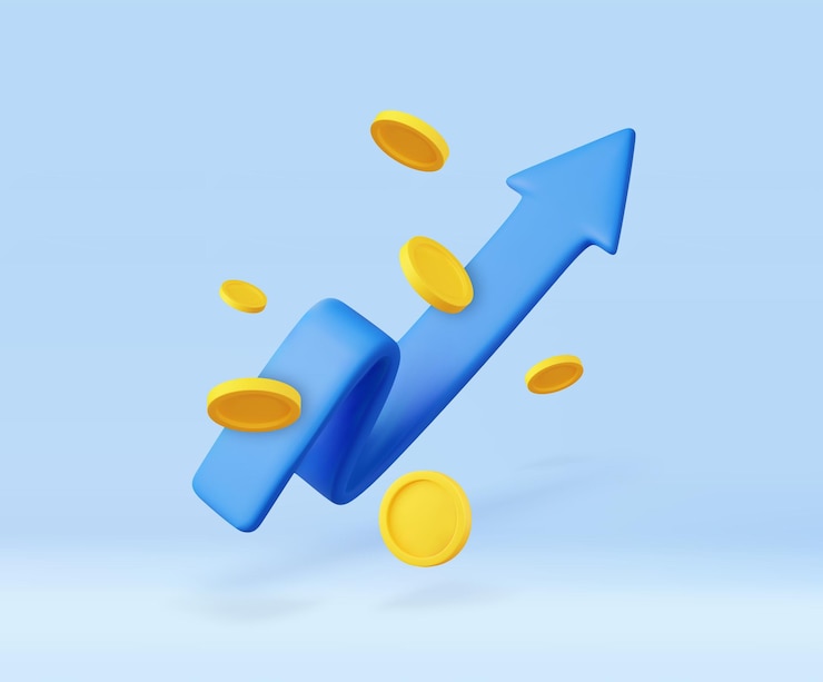 Vector 3d growth stock chart with coins investing icon uptrend stock market graph