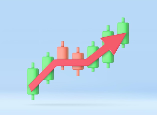 Vector 3d growth stock diagram financial graph candlestick with arrow up trading stock or forex