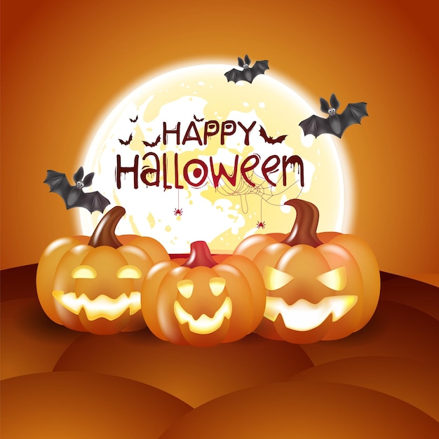 3d halloween sfondo vettore 3d rendering con zucche sullo sfondo di una luna incandescente con una scritta pipistrelli party banner sfondo arancione moderno