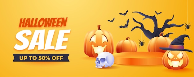 Шаблон баннера со скидкой 3d Halloween Super Sale с 3d подиумом для продажи продукта