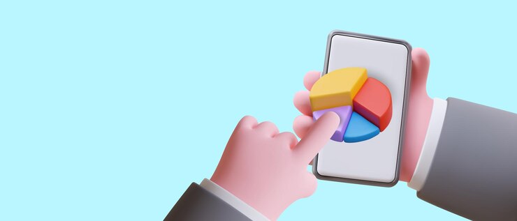 Vector 스마트 폰 화면에서 파이 차트를 손으로 클릭하는 3d 응용 프로그램 광고