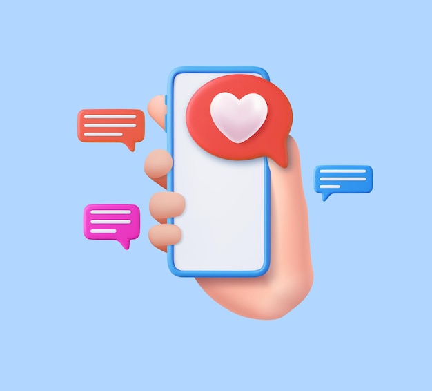 심장과 스마트폰이 있는 아이콘과 같은 3D 손잡이: 발렌타인 데이의 온라인 콘셉트 디자인, 결혼식 장식 및 결혼 테마, 3D 렌더링, 터 일러스트레이션