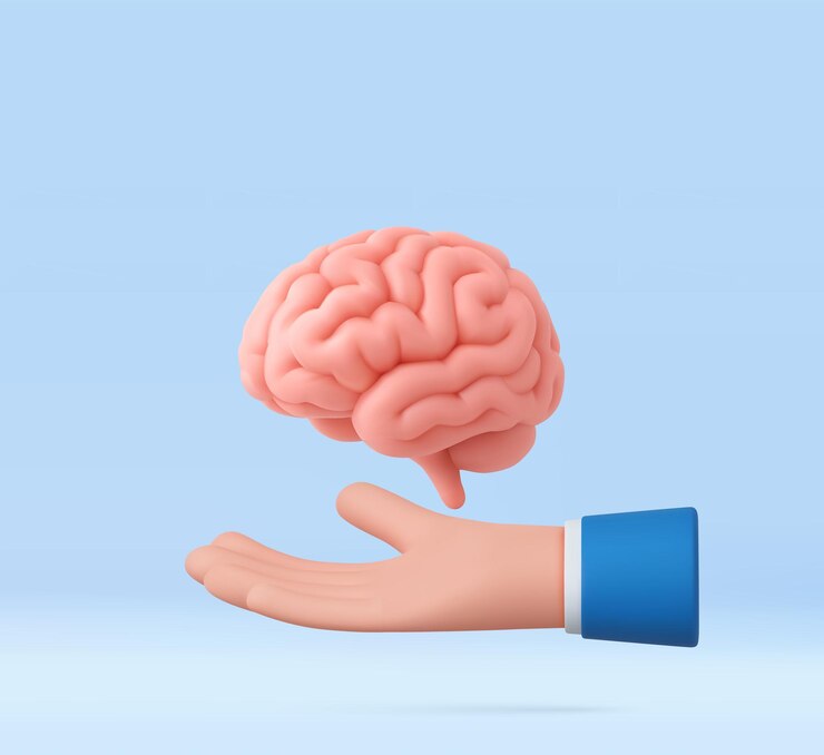 Vector 3d hand holding brain symbolizing knowledge and creativity