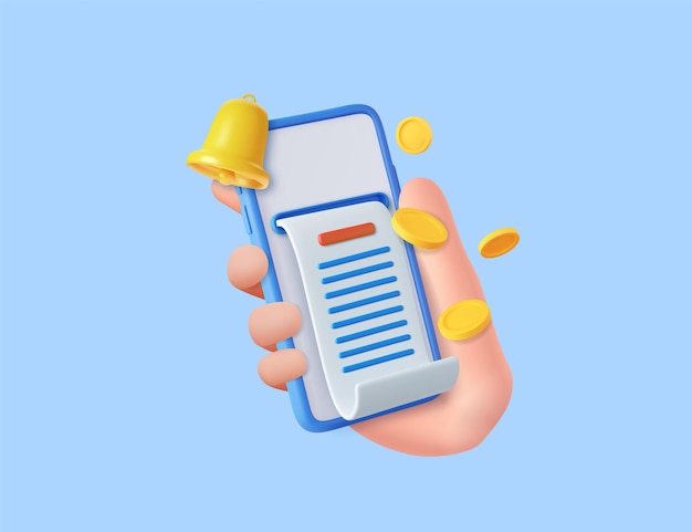 Вектор 3d ручной мобильный телефон банковские онлайн-платежи счет на смартфоне транзакция с деньгами монета мобильный телефон финансовое оповещение с звонком уведомления 3d рендеринг векторная иллюстрация