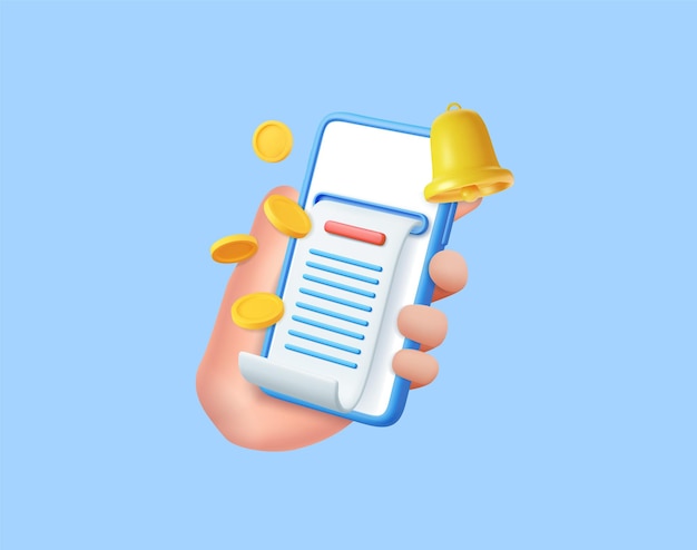 Vector 3d hand holding mobile phone banking online payments bill on smartphone transaction with money coin mobile phone financial alert with bell notification 3d rendering vector illustration