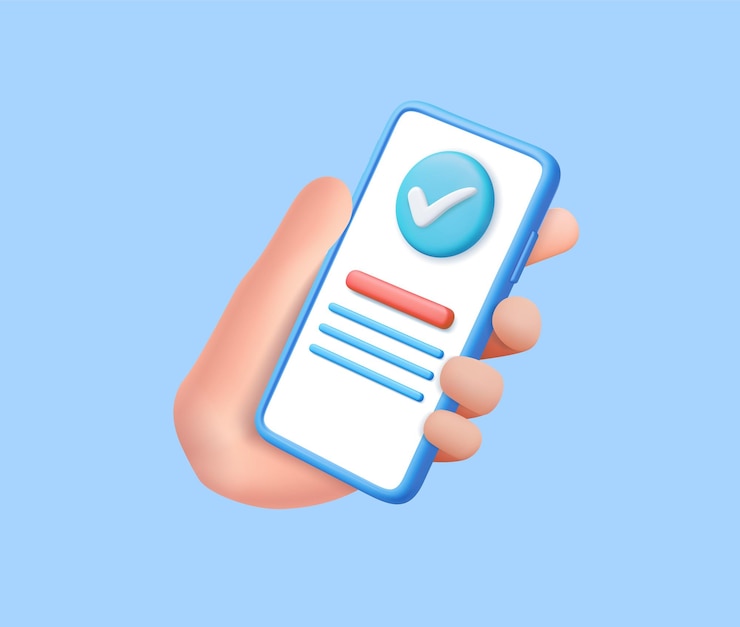 Vector 3d hand holding mobile phone with check mark 3d check list button best choice for right success tick accept approve agree on application 3d rendering vector illustration