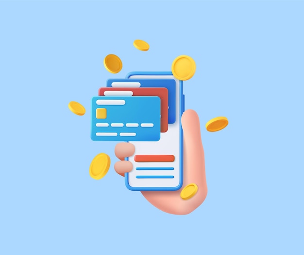 Vector 3d hand holding mobile phone with credit card and money financial security for online shopping with coin online payment secure with credit card 3d rendering vector illustration