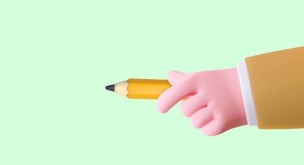 Vector 3d hand holding pencil pointing to empty space for text study time pay attention vector template for advertising in cartoon style poster on green background