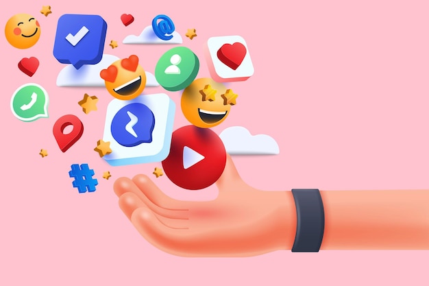 Mano 3d che tiene le icone dei social media online le applicazioni di comunicazione sociale concetto emoji cuori chat su sfondo rosa chiaro 3d illustrazione vettoriale