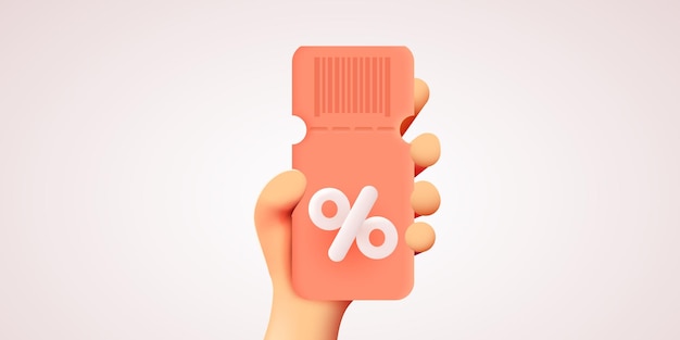 3d hand holds a coupon with percentages for various discounts and sales of goods and online movie tickets