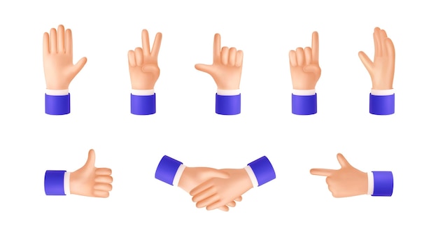 Icone della mano 3d gesti del braccio stretta di mano e segni di pace dito puntato ok emoticon set emoji isolato palmo umano simboli di vittoria uomo d'affari che gesturing vector cartoon illustrazione