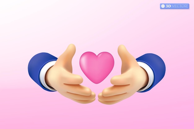 3Dハンドシールドはハートアイコンを保護します愛のシンボルバレンタインデーマザーデーカピド結婚友情家族ケア慈善コンセプト 3Dベクトル孤立したイラスト カートゥーンパステルミニマルスタイル