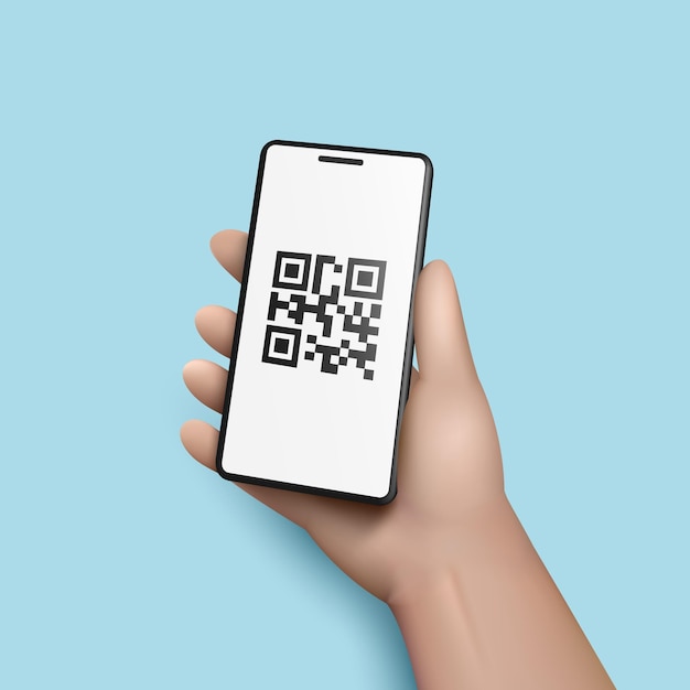 3d hand with smartphone scans qr code vector illustration