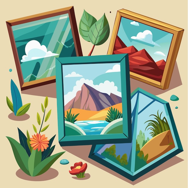 3d handdrawn nature scenes in glass frames illustration