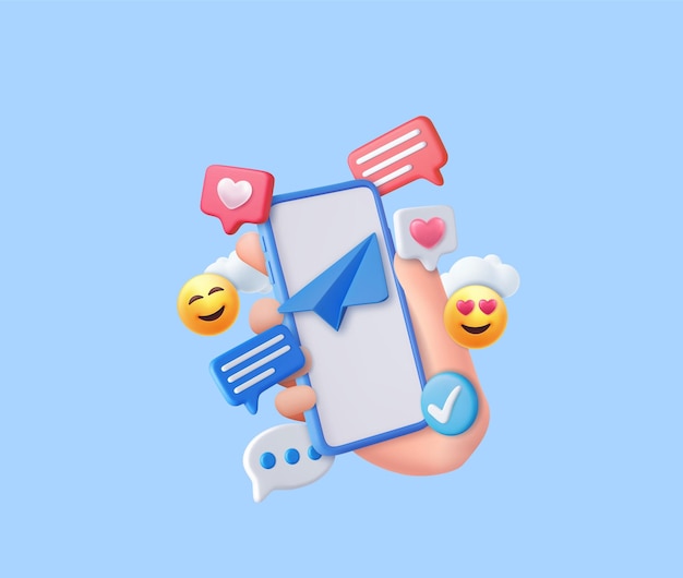 3D handheld mobiele telefoon met sociale netwerkcommunicatie Social media marketing Glimlach emoticon en bericht concept 3D rendering Vector illustratie