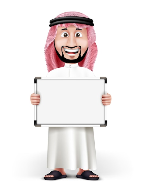 Vector 3d handsome saudi arab man in traditional dress stand with blank white board with space for text