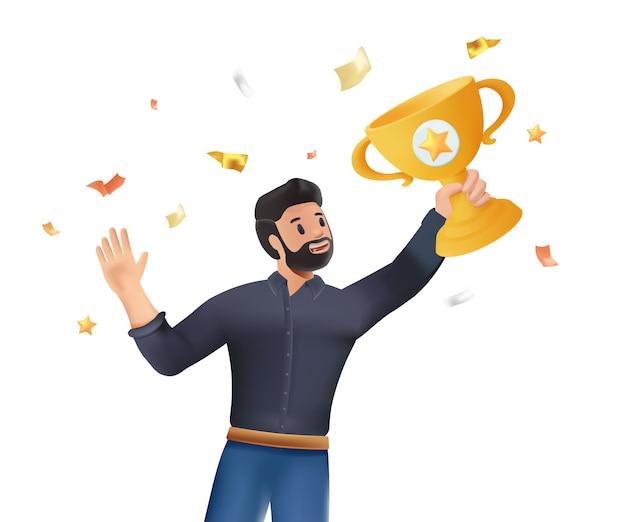 3D 행복한 사업가 승리를 축하 컵 우승자 영감과 동기 부여