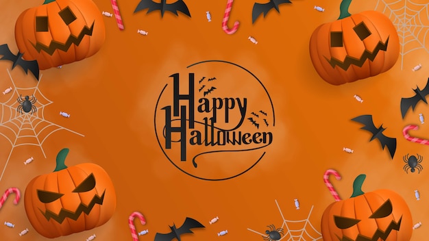 Vector 3d happy halloween with pumpkin, bat, spider web, and candy