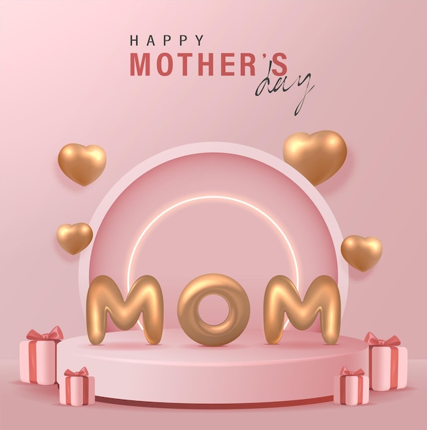 3D Happy Mother's Day Concept for Greeting Card and Template Mom balloon words with gift boxes