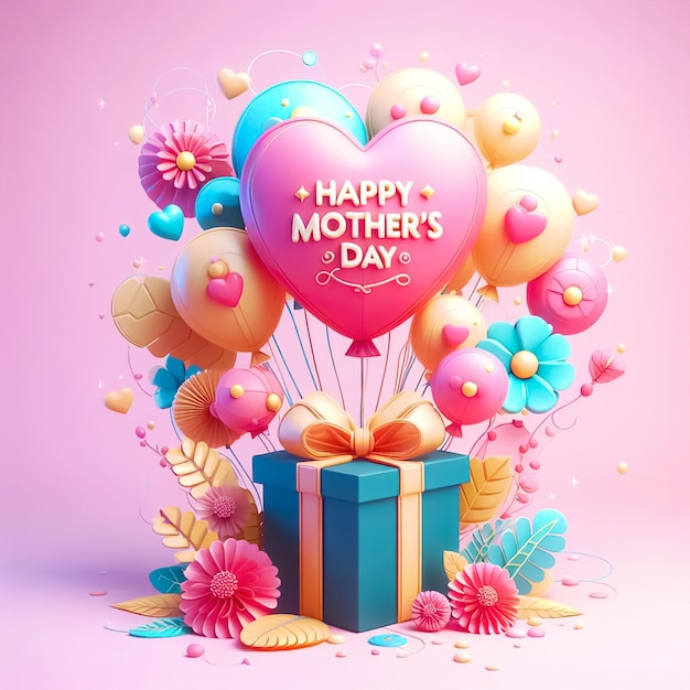 Vector 3d happy mothers and greeting design with colorful balloons and gift box