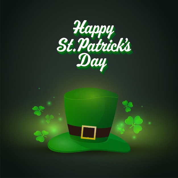 3D Happy St Patricks Day-lettertype met Leprechaun Hat Shamrock Leaves en lichteffect op groene achtergrond