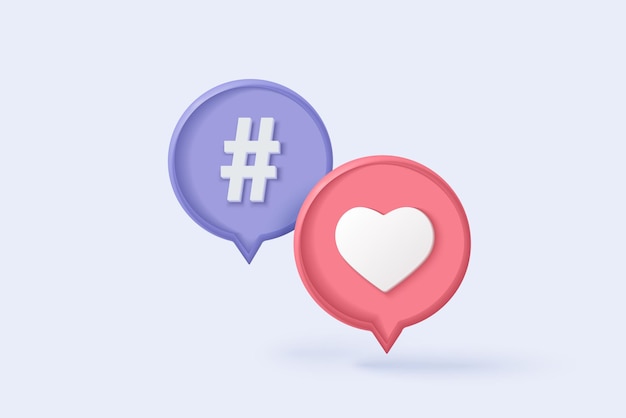 3D hashtag search link symbol on social media notification icon isolated on purple background Comments thread mention or user reply sign with social media 3d heart on vector render illustration