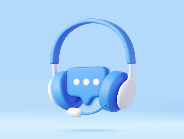 3D headphones with microphone and speech bubble Hotline support service with headphones Call center concept Online user consultation 3d rendering Vector illustration