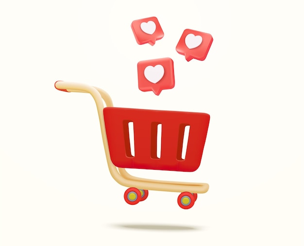 3d heart message icon and basket Shopping cart with shopping icons on blue background Concept idea