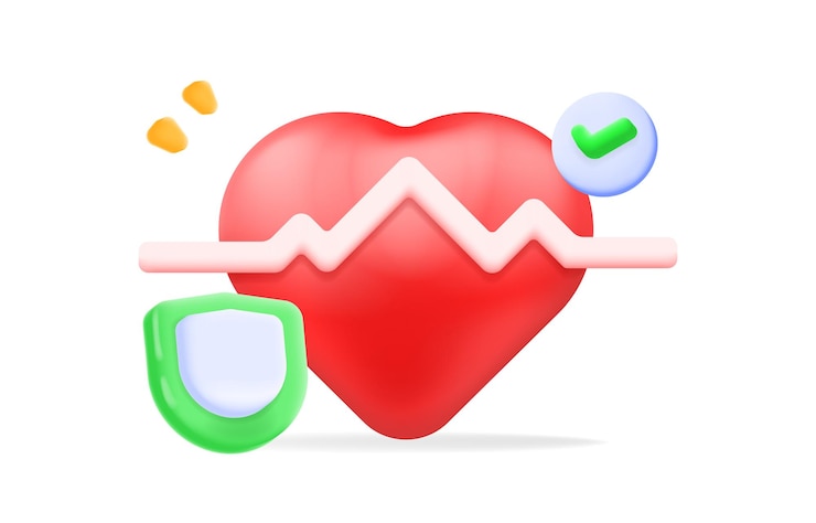 Vector ecg 라인 드와 녹색 체크 마크가있는 3d 심장 건강 모니터링 피트니스 앱 일러스트