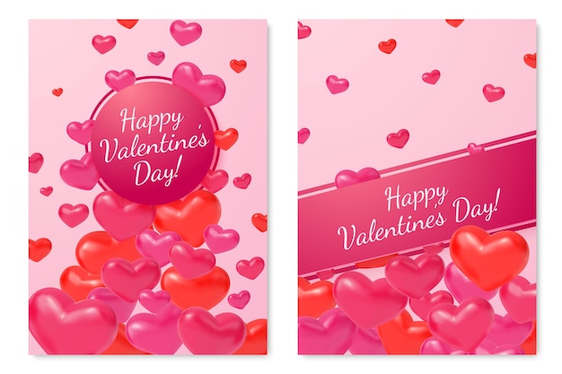 3d hearts cards. Valentine day, love realistic banners. Flying pink red heart, romantic brochure for gift. Promotion party vector poster. Realistic 14 february congratulation banner illustration