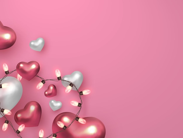 3d hearts with garland lights on pastel pink background. Love and Valentines day concept