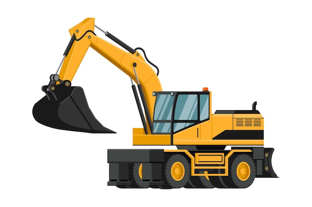 Vector 3d heavy machinery of yellow wheeled excavator for construction work on white background