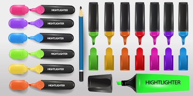 3d highlighter. set of realistic blue, green, pink, yellow, markers. isolated office supplies colorful highlighters.