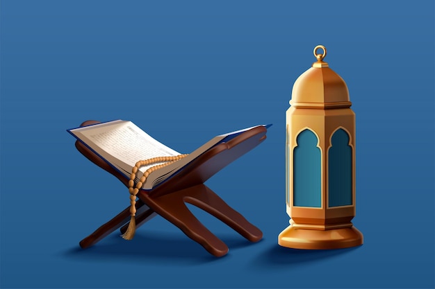 Vector 3d holy quran and islamic lantern