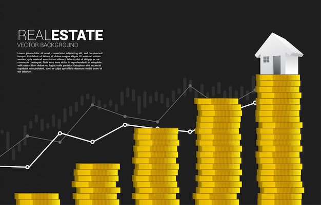 3d значок дома в верхней части диаграммы роста с доллар монета стека.