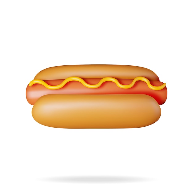 3D Hot Dog Met Mosterd Geïsoleerd Op Wit Render Hotdog Icoon Worst Met Broodje Mosterd Fast Fo