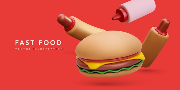 3d хот-доги и гамбургер на красном фоне Векторная иллюстрация