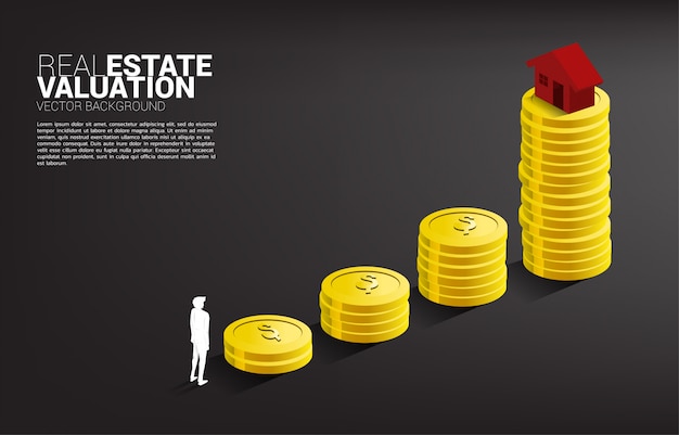 Casa 3d in cima al grafico di crescita con la pila di monete. concetto di investimento immobiliare e crescita della proprietà.