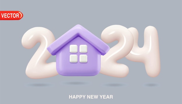 Vettore casa 3d con numero realistico 2024 capodanno colore bianco numero di rendering 3d piani di investimento