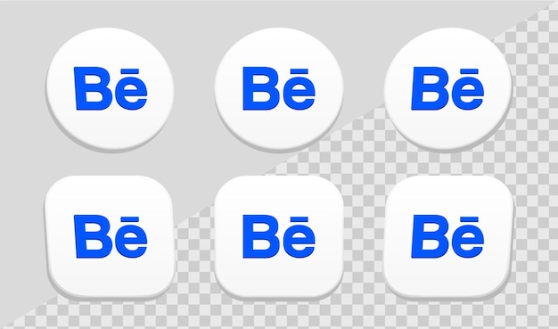 흰색 원 및 사각형 프레임 컬렉션 집합의 소셜 미디어 아이콘 로고용 3d 아이콘 Behance 로고