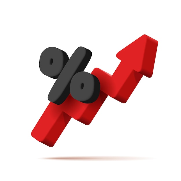 그래픽 빨간색 화살표 위쪽 모양 및 백분율 기호 할인 배너의 3d 아이콘